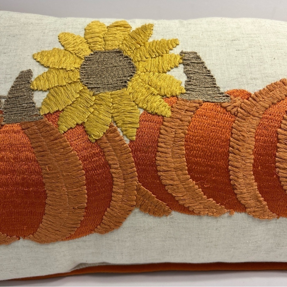 DEVI Designs Embroidered Decorative Pillow Pumpkin Sunflower Fall Zippered 26x14 - Picture 3 of 6